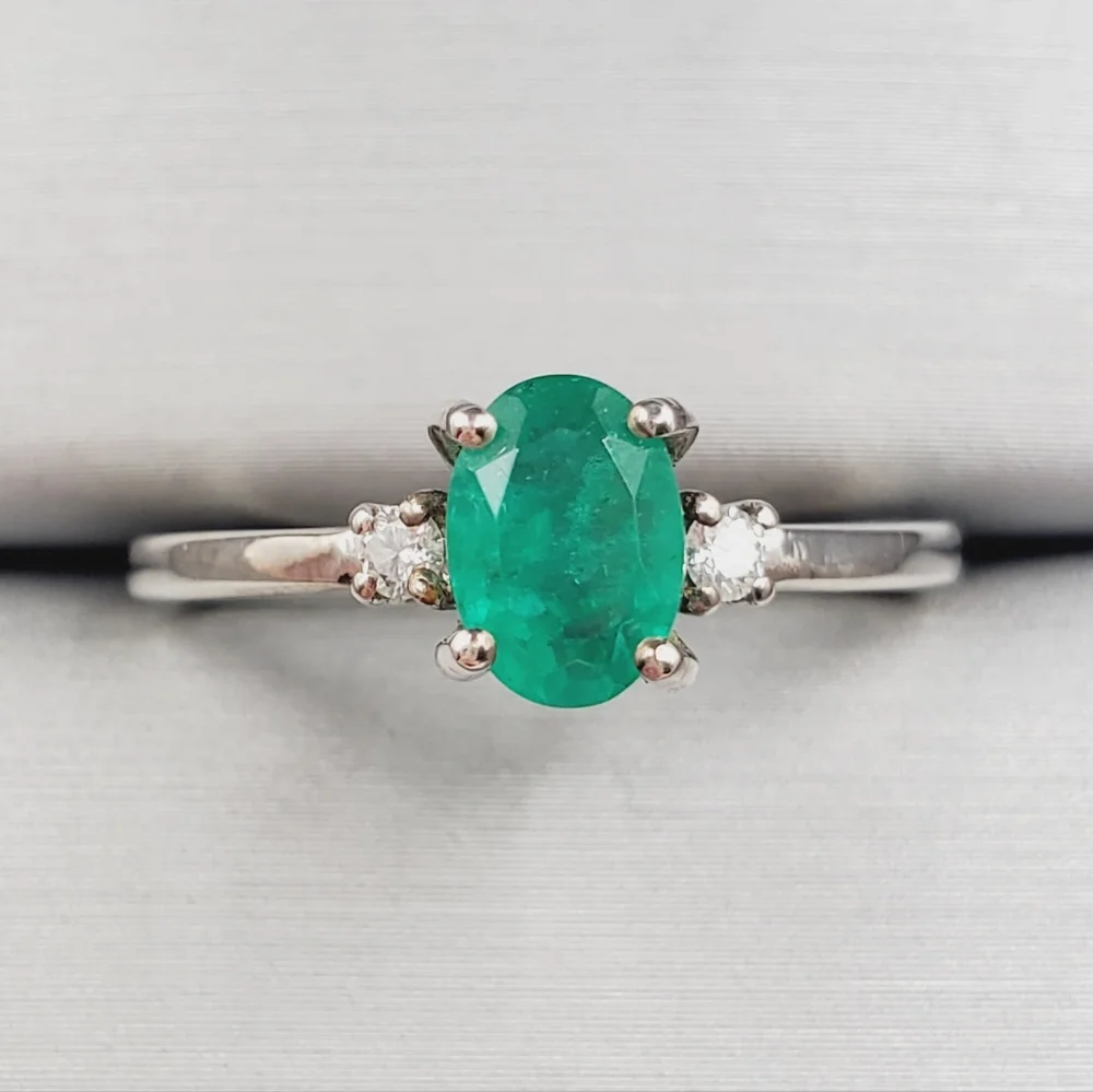 Emerald Green Quartz & Genuine Diamond 925 Sterling Silver Dainty Ring